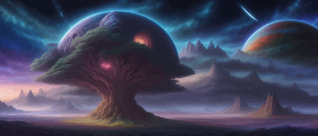 Print Surreal landscape with a tree and moons in the background. Giant floating. Abstract fantastic landscape. Transitionのイラスト素材