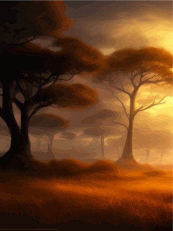 Wild savanna landscape. Savannah, African wilderness with acacia trees, grass, sand and water. Africa landscapeのイラスト素材