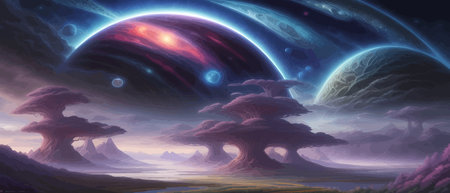 Print Surreal landscape with a tree and moons in the background. Giant floating. Abstract fantastic...