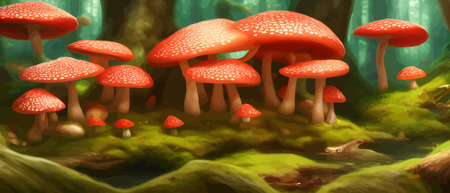 Print Magic sbrealistic mushrooms in the forest. Agaricus of the red fly in the forest. Mystical...