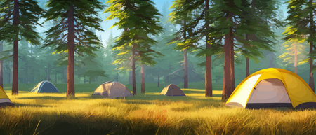 Tourist summer camping with tents vector illustration banner. Camping area in a clearing in a nordic forest in a spruceのイラスト素材