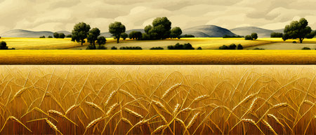 Print Large wheat thorns on a field on a beautiful nature and landscape in the sun. Extended rich harvest. Areasのイラスト素材