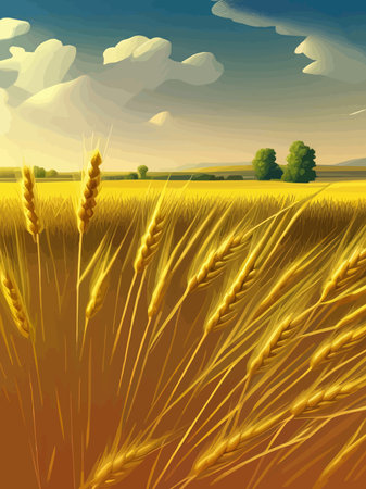Large wheat thorns in field at a beautiful sunset of nature landscape in sun. Extended rich harvest.のイラスト素材