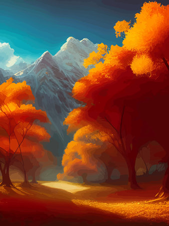 Autumn landscape forest trees with sun in the morning, vector cartoon panoramic mid autumn fields, mountains, leavesのイラスト素材