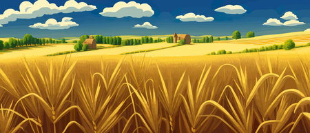 Print Large wheat thorns on a field on a beautiful nature and landscape in the sun. Extended rich harvest. Areasのイラスト素材