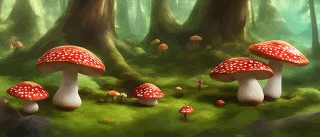 Print Magic sbrealistic mushrooms in the forest. Agaricus of the red fly in the forest. Mystical spotted mushrooms. Vectorのイラスト素材