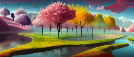 Print Surreal landscape with abstract colorful multicolored trees and clouds, melting islands near the ground. Vectorのイラスト素材