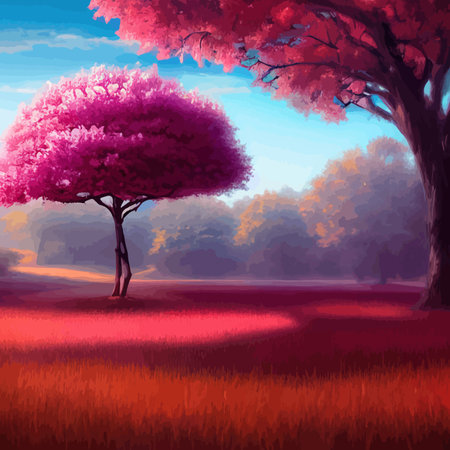 Web Blooming pink sakura in the meadow vector illustration. Japanese cherry trees on a green meadow, Spring landscapeのイラスト素材