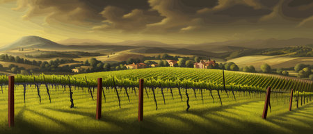 Print Vineyards with vines and hilly Tuscan landscapes near the winery , with the village in the background . Vectorのイラスト素材