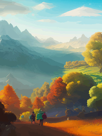 Autumn landscape forest trees with sun in the morning, vector cartoon panoramic mid autumn fields, mountains, leavesのイラスト素材