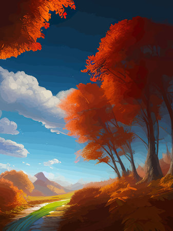 Autumn landscape forest trees with sun in the morning, vector cartoon panoramic mid autumn fields, mountains, leavesのイラスト素材