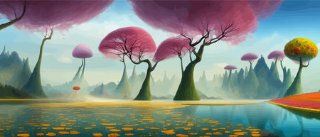 Print Surreal landscape with abstract colorful multicolored trees and clouds, melting islands near the ground. Vectorのイラスト素材