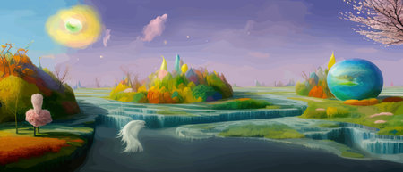 Print Surreal landscape with abstract colorful multicolored trees and clouds, melting islands near the ground. Vectorのイラスト素材