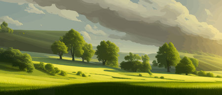 Vector illustration of beautiful summer fields Landscape with sunrise and single trees, green hill, bright blue sky Printのイラスト素材