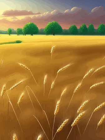 Large wheat thorns in field at a beautiful sunset of nature landscape in sun. Extended rich harvest.のイラスト素材