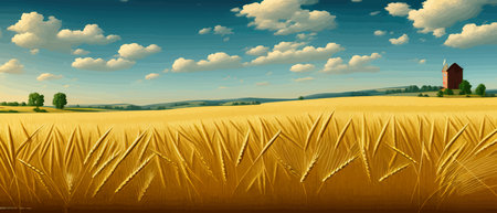 Print Large wheat thorns on a field on a beautiful nature and landscape in the sun. Extended rich harvest. Areasのイラスト素材