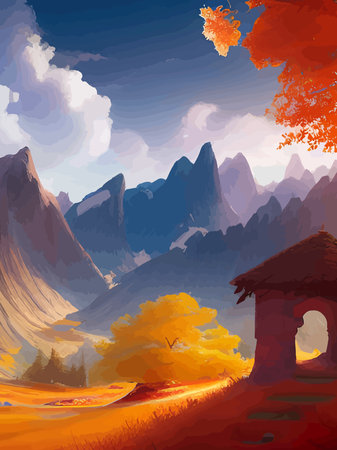 Autumn landscape forest trees with sun in the morning, vector cartoon panoramic mid autumn fields, mountains, leavesのイラスト素材