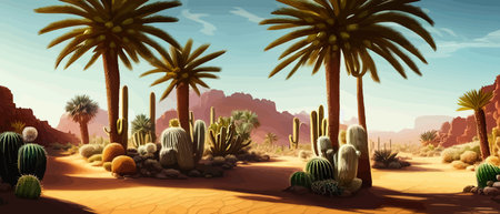 A desert oasis with cacti and flowers growing around a stream of water. Cinematic digital artwork illustrationのイラスト素材