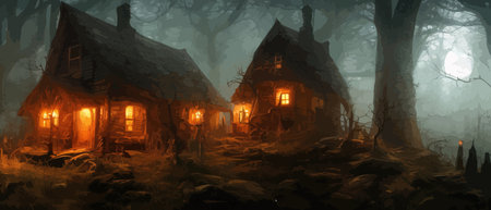 Print Night, moonlight, fantastic spooky house in a dark, spooky, wind, dark fantasy scene, Landscape with spooky houseのイラスト素材