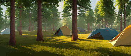 Tourist summer camping with tents vector illustration banner. Camping area in a clearing in a nordic forest in a spruceのイラスト素材