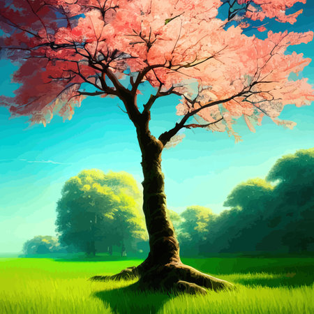 Web Blooming pink sakura in the meadow vector illustration. Japanese cherry trees on a green meadow, Spring landscapeのイラスト素材