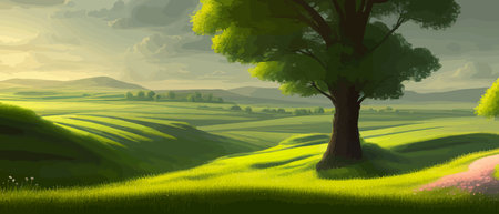 Vector illustration of beautiful summer fields Landscape with sunrise and single trees, green hill, bright blue sky Printのイラスト素材