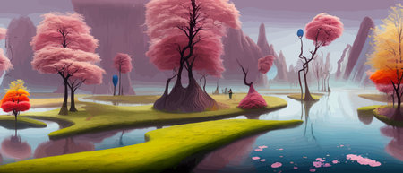 Print Surreal landscape with abstract colorful multicolored trees and clouds, melting islands near the ground. Vectorのイラスト素材