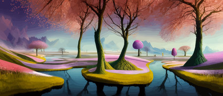 Print Surreal landscape with abstract colorful multicolored trees and clouds, melting islands near the ground. Vectorのイラスト素材
