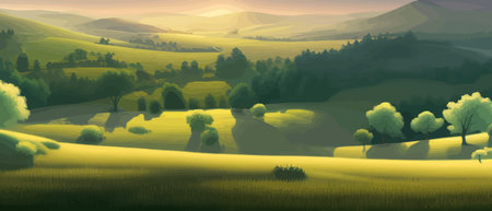Vector illustration of beautiful summer fields Landscape with sunrise and single trees, green hill, bright blue sky Printのイラスト素材