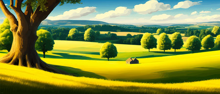 Print Green field, tree and blue sky. Gorgeous as background, web banner. Spring landscape in the countryside with a greenのイラスト素材