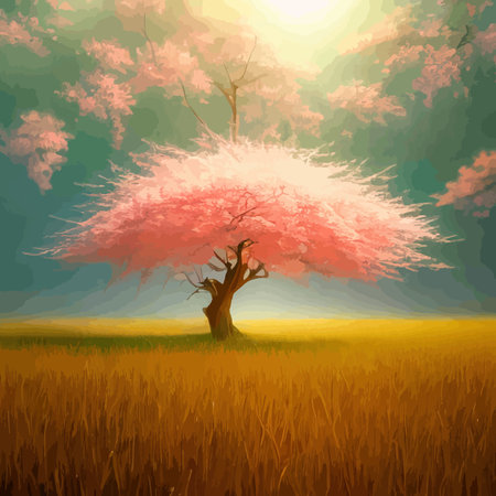 Web Blooming pink sakura in the meadow vector illustration. Japanese cherry trees on a green meadow, Spring landscapeのイラスト素材