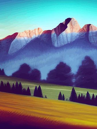 Natural forest natural pine forest mountains horizon. landscape wallpaper. Sunrise and sunset. Illustration vectorのイラスト素材