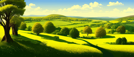 Print Green field, tree and blue sky. Gorgeous as background, web banner. Spring landscape in the countryside with a greenのイラスト素材