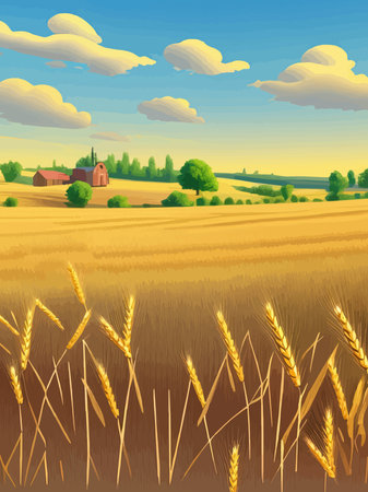 Large wheat thorns in field at a beautiful sunset of nature landscape in sun. Extended rich harvest.のイラスト素材