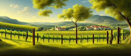 Print Vineyards with vines and hilly Tuscan landscapes near the winery , with the village in the background . Vectorのイラスト素材