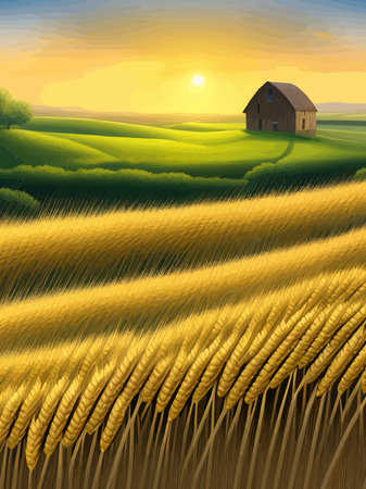 Large wheat thorns in field at a beautiful sunset of nature landscape in sun. Extended rich harvest.のイラスト素材