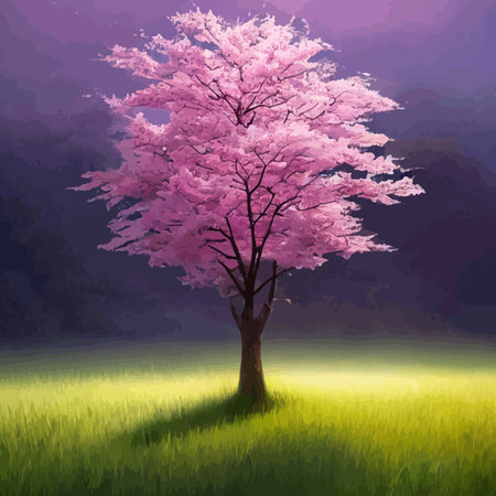 Web Blooming pink sakura in the meadow vector illustration. Japanese cherry trees on a green meadow, Spring landscapeのイラスト素材