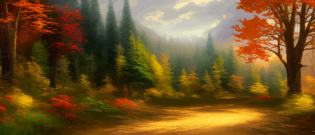 Print Beautiful autumn forest illustration, colorful fall foliage, banner vector illustration. Autumn landscape wonderfulのイラスト素材