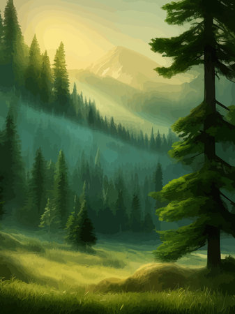 Natural forest natural pine forest mountains horizon. landscape wallpaper. Sunrise and sunset. Illustration vectorのイラスト素材