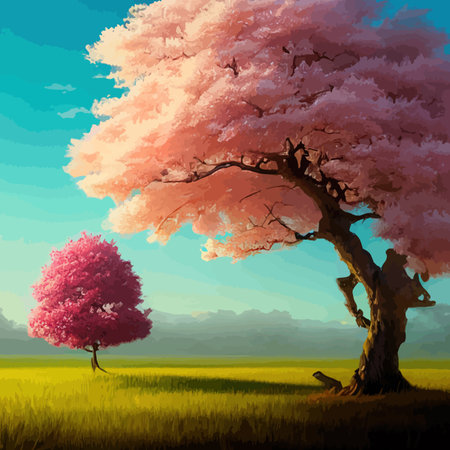 Web Blooming pink sakura in the meadow vector illustration. Japanese cherry trees on a green meadow, Spring landscapeのイラスト素材