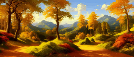 Autumn forest landscape. Colorful vector illustration autumn season. Red yellow trees.のイラスト素材