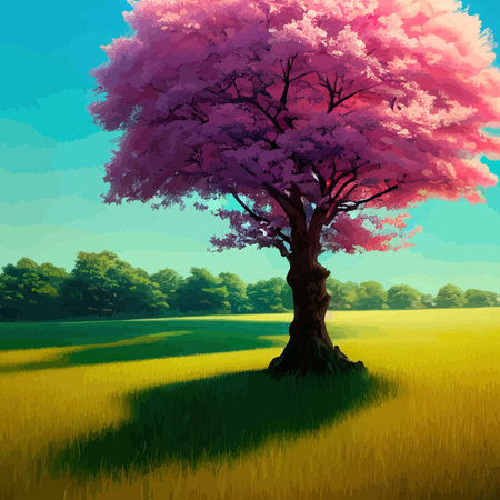 Web Blooming pink sakura in the meadow vector illustration. Japanese cherry trees on a green meadow, Spring landscapeのイラスト素材