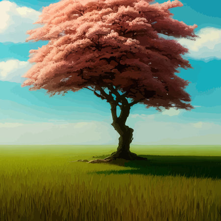 Web Blooming pink sakura in the meadow vector illustration. Japanese cherry trees on a green meadow, Spring landscapeのイラスト素材