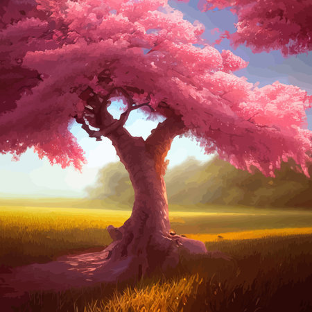 Web Blooming pink sakura in the meadow vector illustration. Japanese cherry trees on a green meadow, Spring landscapeのイラスト素材