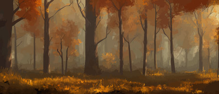 Print Deciduous autumn forest landscape with silhouettes of trees and grass. Vector autumn background. Autumn seasonal banners.のイラスト素材