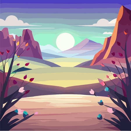 Flat natural view of green plants flowers and mountains. spring landscape. vector poster illustration.のイラスト素材