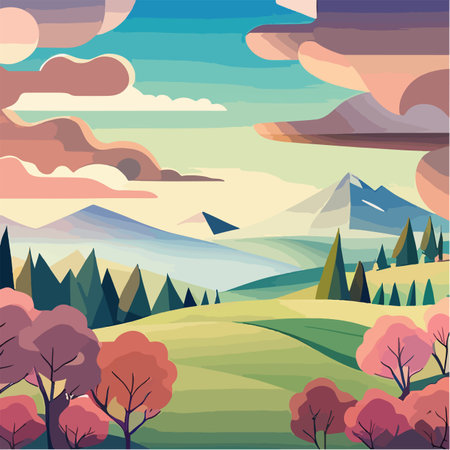 Flat natural view of green plants flowers and mountains. spring landscape. vector poster illustration.のイラスト素材