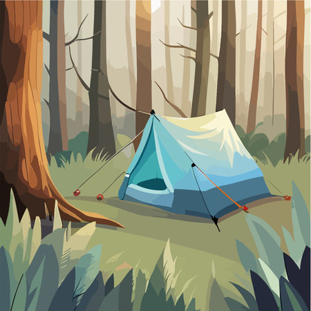 Tourist summer camping. Vector illustration of tents. Camping on a clearing in the forest. Flat style. Summer camp, nature tourism, camping, hiking, trekking.のイラスト素材