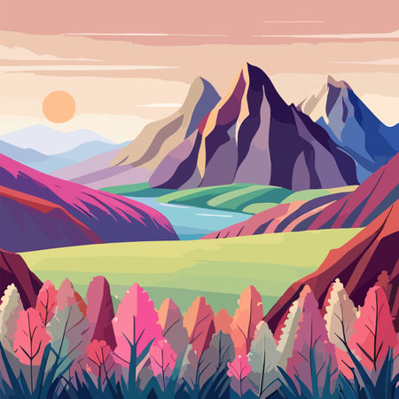 Flat natural view of green plants flowers and mountains. spring landscape. vector poster illustration.のイラスト素材