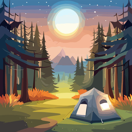 Tourist summer camping. Vector illustration of tents. Camping on a clearing in the forest. Flat style. Summer camp, nature tourism, camping, hiking, trekking.のイラスト素材